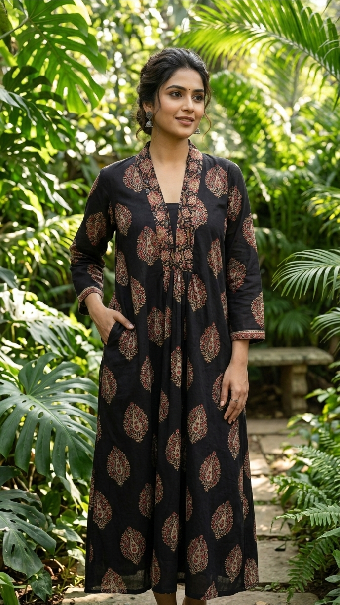 Block Print V-Neck Kurti with Front Gathers