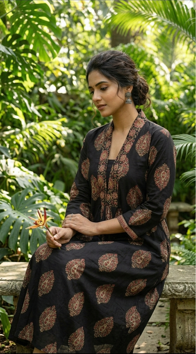 Block Print V-Neck Kurti with Front Gathers