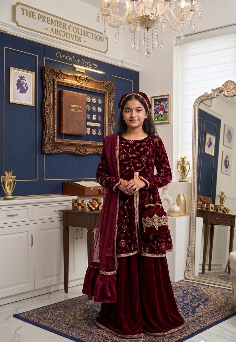 Deep Maroon Velvet Embroidered Sharara Set with Potli Bag
