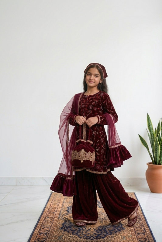 Deep Maroon Velvet Embroidered Sharara Set with Potli Bag