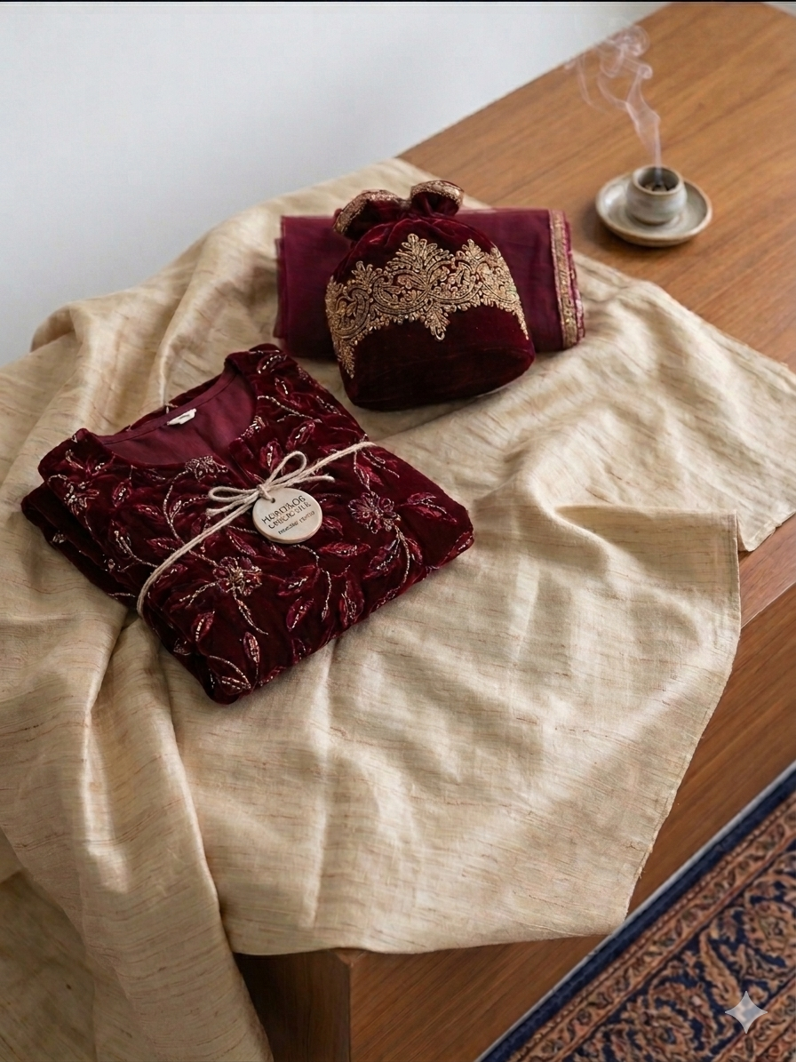 Deep Maroon Velvet Embroidered Sharara Set with Potli Bag