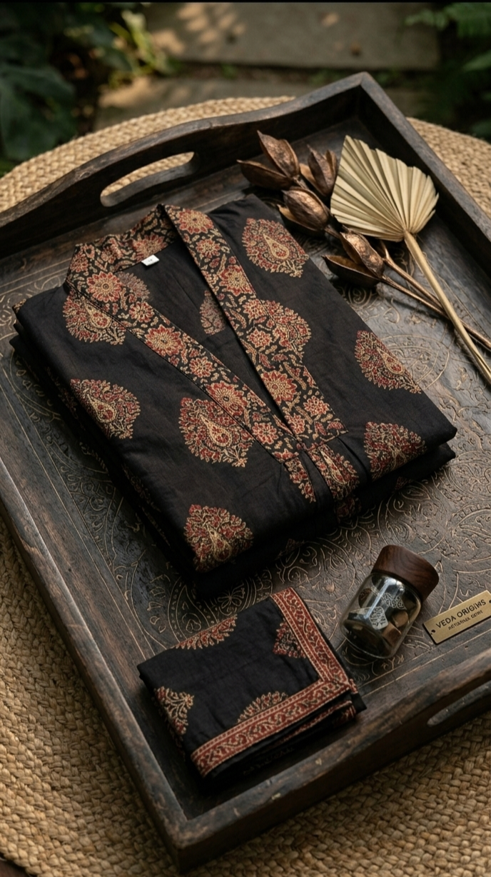 Block Print V-Neck Kurti with Front Gathers