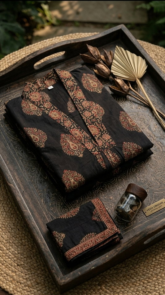 Block Print V-Neck Kurti with Front Gathers